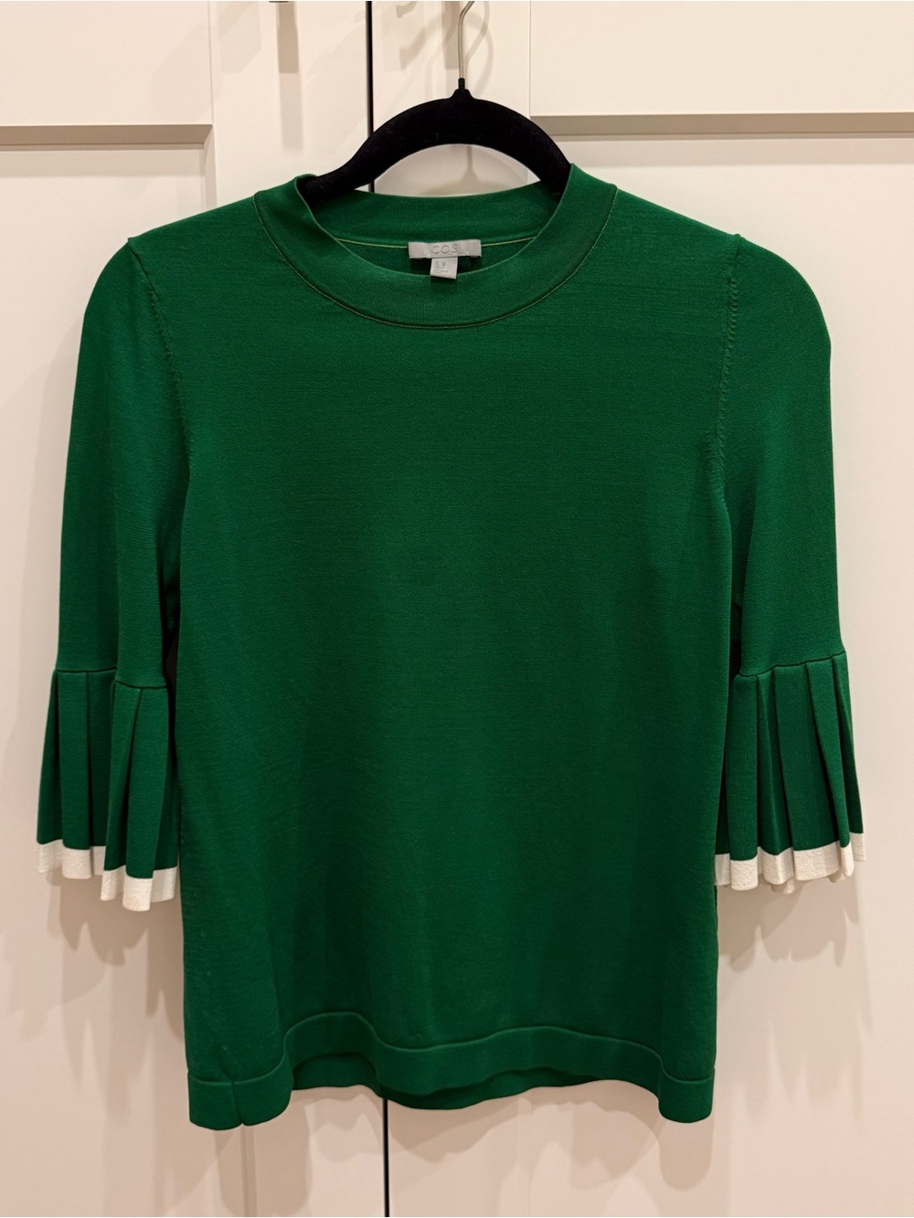 COS Green Pleated 3/4 Sleeve Knit Top with White Trim